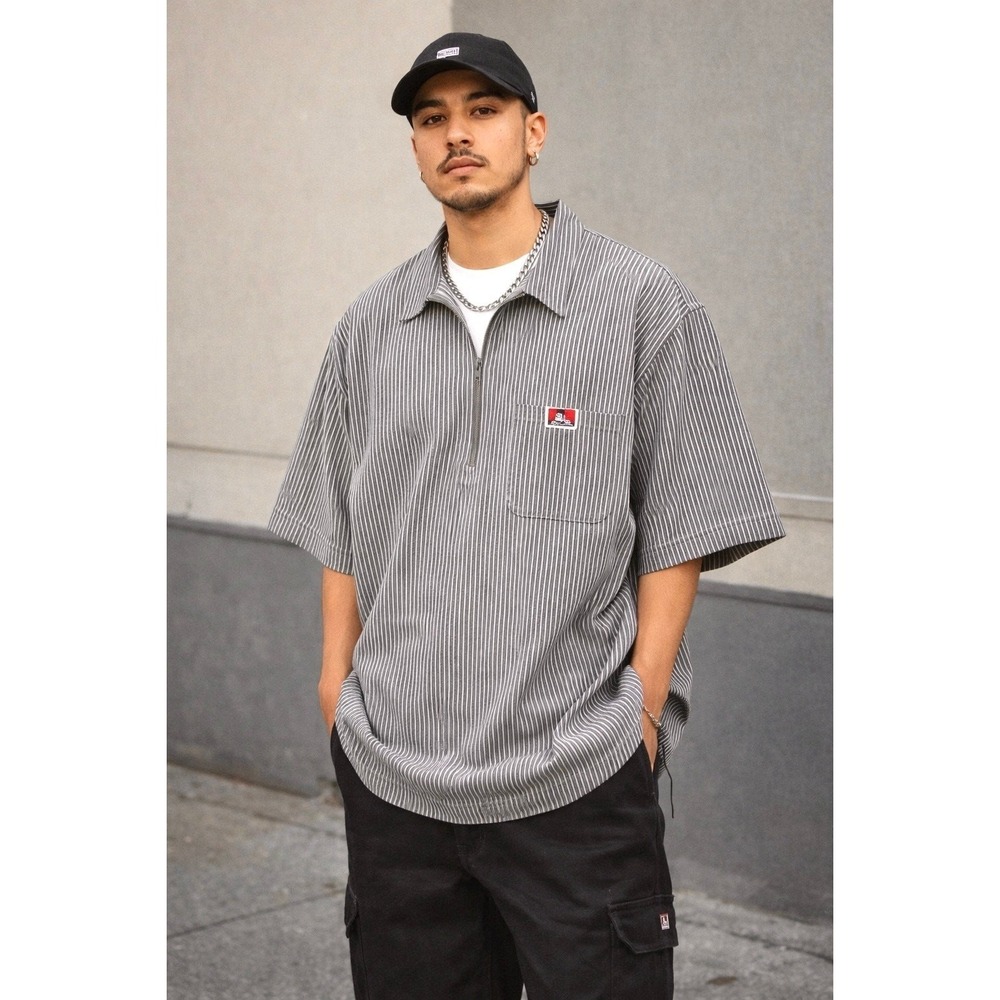Vintage Ben Davis Work Shirt Mens Medium 1/4 Zip Hickory Stripe Gray Made in USA